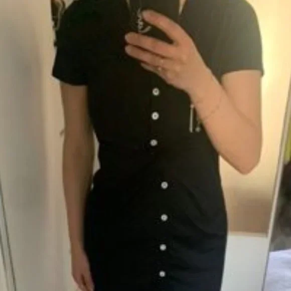 Casual Black Button up Short Sleeve Midi Dress